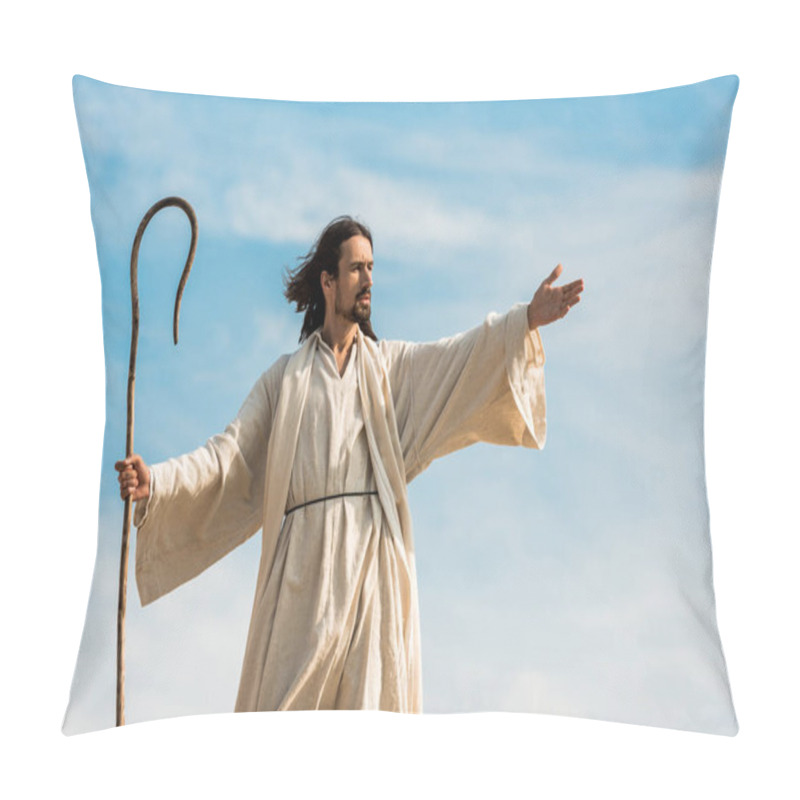 Personality  Jesus With Outstretched Hand Holding Wooden Cane Against Blue Sky Pillow Covers