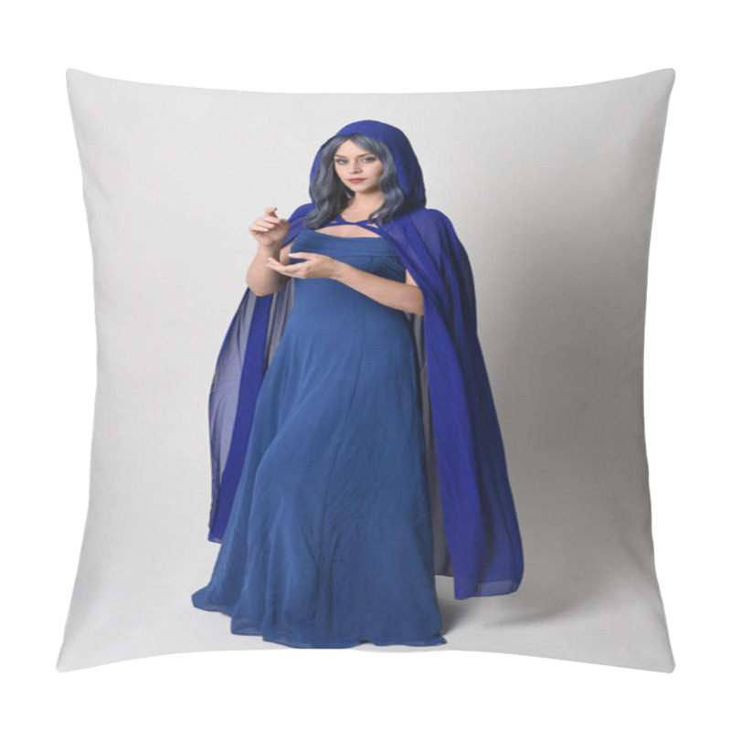 Personality  Full Length Portrait Of Beautiful Female Model Wearing Elegant Fantasy Blue Ball Gown And Flowing Cape With Hood.Standing Pose, With Gestural Arms Reaching Out . Isolated On White Studio Background. Pillow Covers