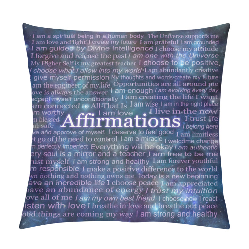 Personality  Cosmic I Am Affirmations Wall Art Words - Dark Blue Deep Space Background Filled With A Square Of Many Affirmations Based On The Spiritual I AM Concept Ideal For A Coaster, Cushion, Mouse Mat, Or Canvas Print                                Pillow Covers