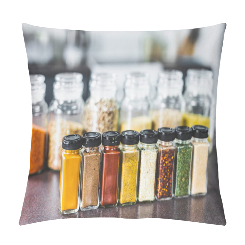 Personality  Spices And Grains In Matching Spice Jars On Kitchen Counter, Simple Vegan Ingredients And Concept Of Flavoring Your Dishes Pillow Covers