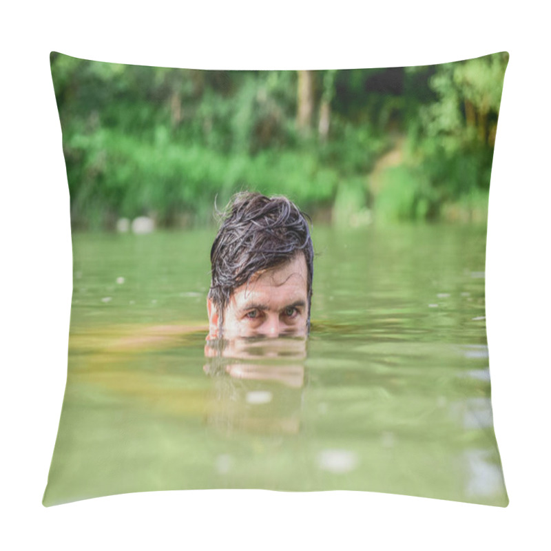 Personality  Man Enjoy Swimming In River Or Lake. Summer Vacation. Relaxation And Rest. Refreshing Feeling. Summer Relax. Wild And Free Concept. Summer Activity. Swimming Sport. Freshness Of Wild Nature Pillow Covers