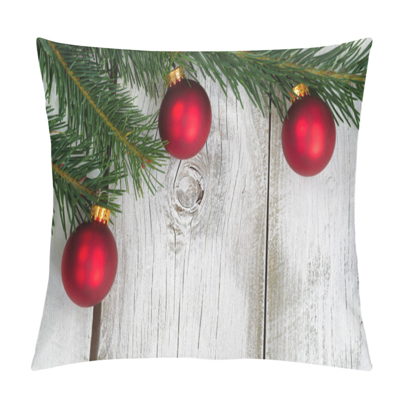 Personality  Grand Fir Branch With Three Red Ornaments On Rustic White Wooden Pillow Covers