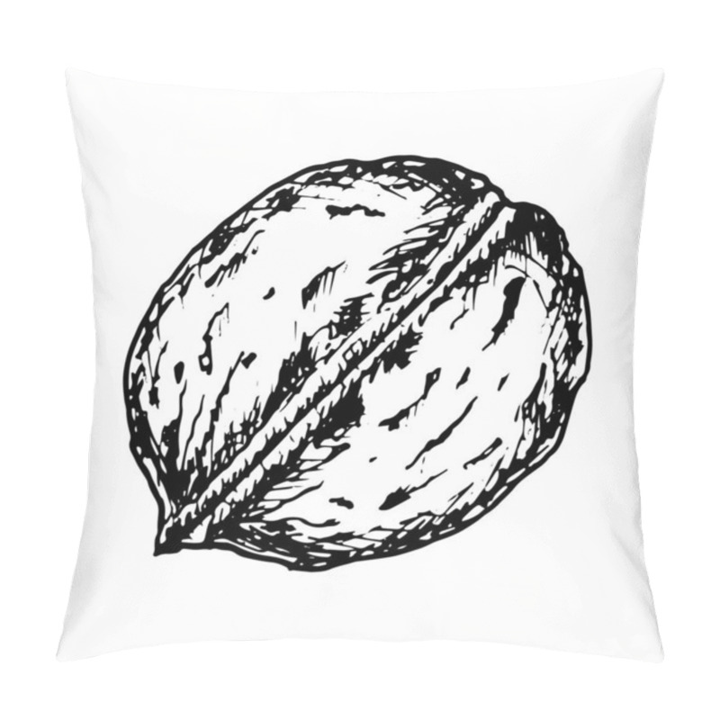 Personality  Hand Drawn Vector Illustration Of Walnut Drawn With Ink Lines. Black And White Detailed Sketch Of A Whole Walnut With Textured Shell. Perfect For Food Design, Packaging Or Natural Product Branding Pillow Covers