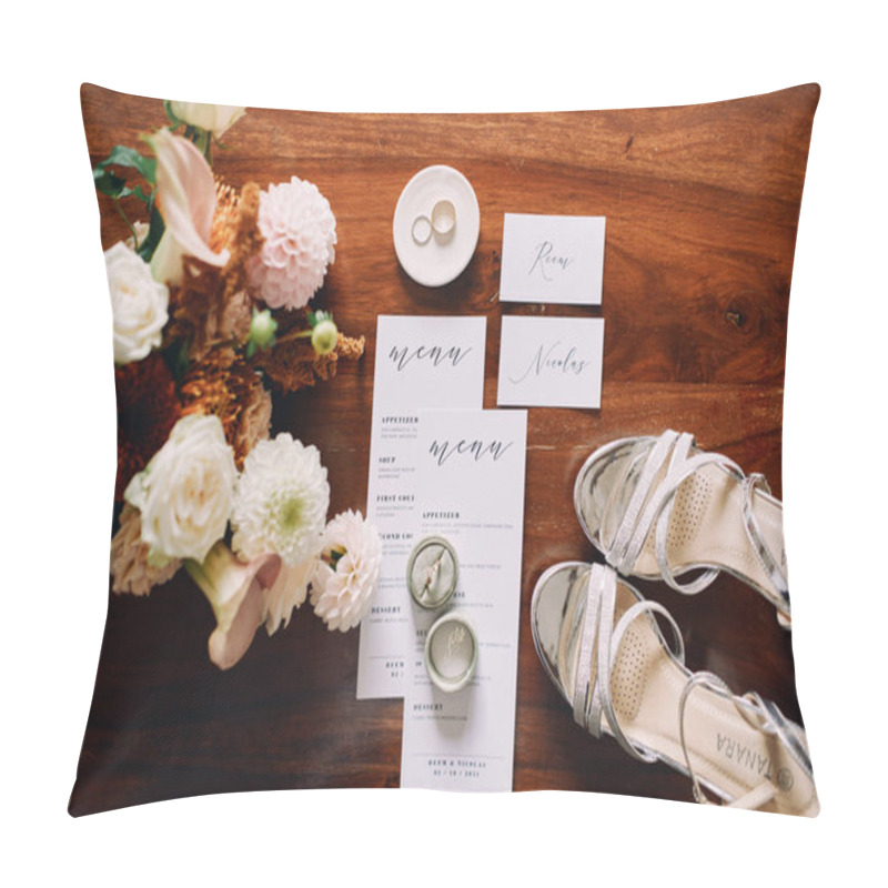 Personality  Bride Shoes Stand On A Wooden Table Next To The Invitations And A Bouquet Of Flowers. Top View. High Quality Photo Pillow Covers