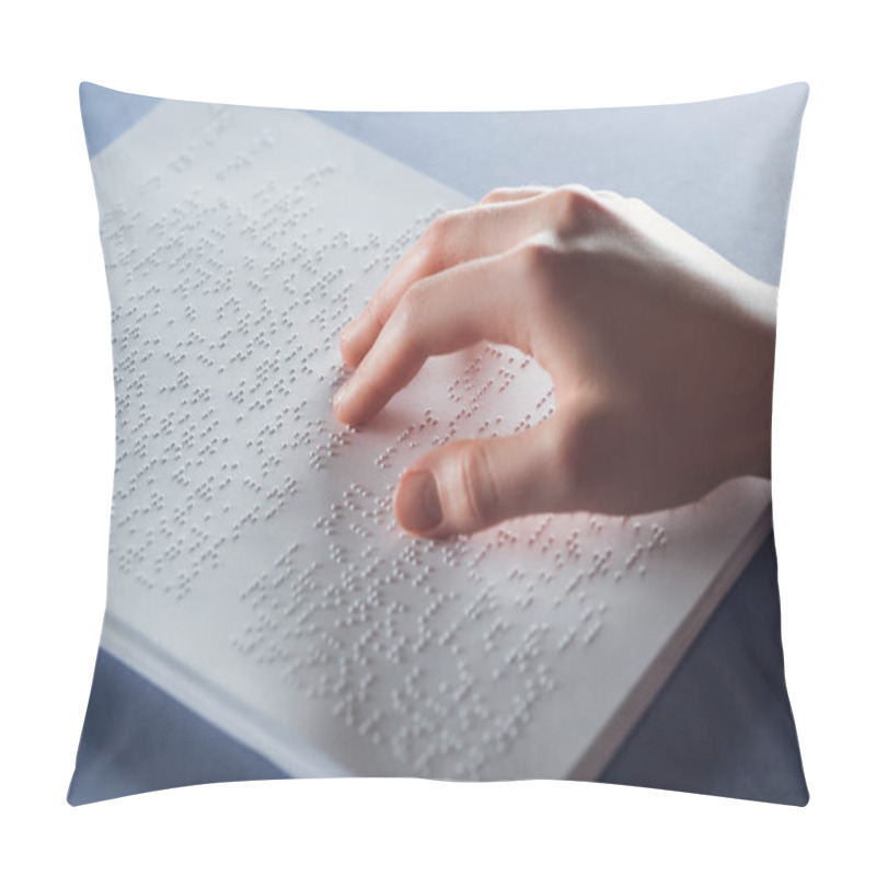 Personality  Close Up View Of Young Woman Reading Braille Text With Hand Pillow Covers