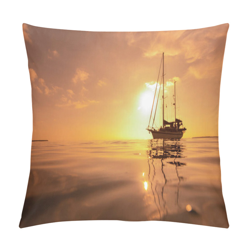 Personality  Luxury Sailing Yacht In Front Of Beautiful Golden Incredible Sunset In Tropical Ocean. Romantic Trip. Summer Holiday Vacation Travel Concept. Selective Focus. Pillow Covers