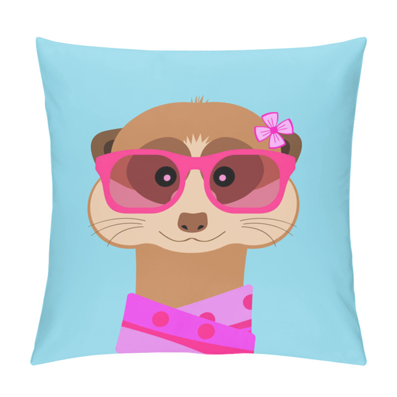 Personality  Meerkat Girl Portrait With Pink Glasses And Scarff. Vector Illustration. Pillow Covers