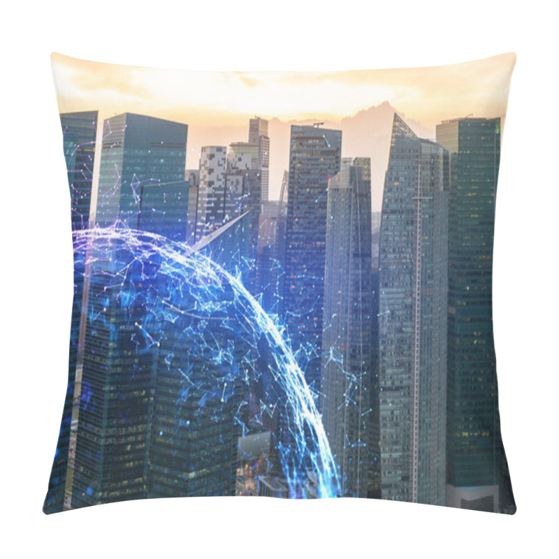 Personality  Hologram Of Abstract Technology Glowing Icons, Panoramic Cityscape Of Singapore At Sunset, Asia. The Concept Of Worlds Technological Changes. Double Exposure. Pillow Covers