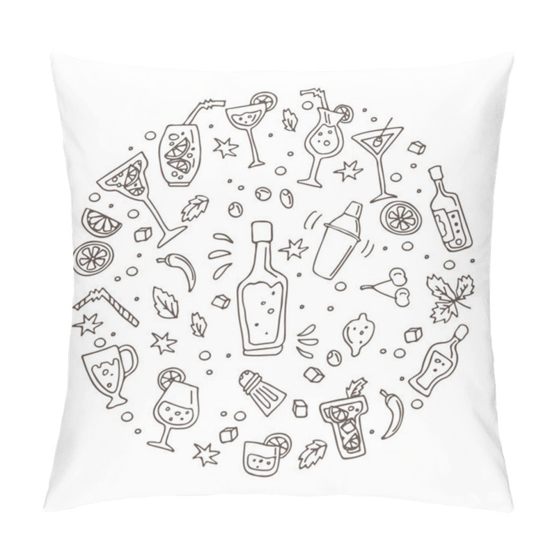 Personality  Cocktail Bar Symbols Set: Shaker, Glasses, Drinks, Alcohol Beverages, Fruit And Spice Ingredients. Doodle Style. Design Element For Stickers, Leaflets Or Booklets. Pillow Covers