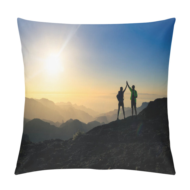 Personality  Couple Hikers Celebrating Success In Sunset Mountains, Accomplish With Arms Up Outstretched. Young Man And Woman Looking At Beautiful Inspirational Landscape View, Gran Canaria Canary Islands. Pillow Covers