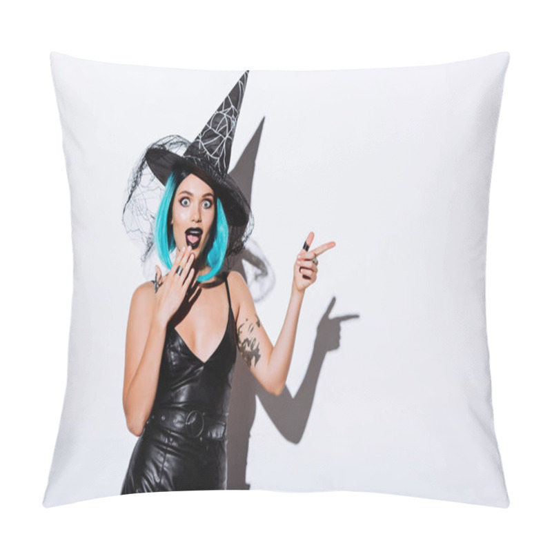 Personality  Shocked Girl In Black Witch Halloween Costume With Blue Hair Pointing With Finger On White Background Pillow Covers