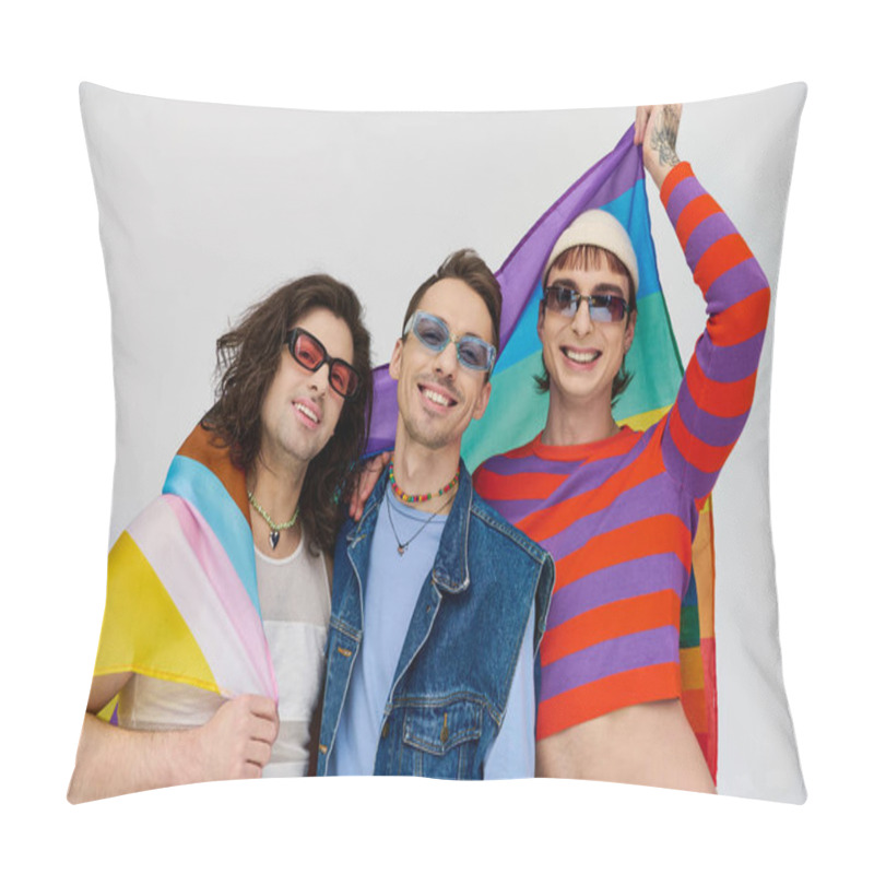 Personality  Positive Appealing Gay Men With Trendy Sunglasses Holding Rainbow Flag And Smiling At Camera Pillow Covers