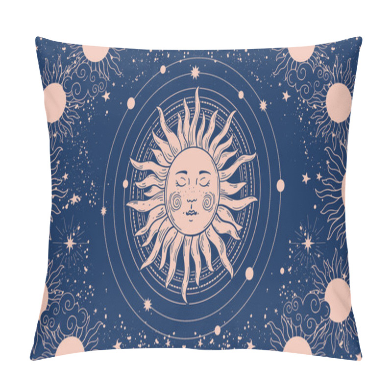 Personality  Mystical Drawing For Astrology Or Boho Design, Sun With A Face On A Blue Background. Sacred Geometry. Vector Illustration For Banner, Poster, Cover. Pillow Covers