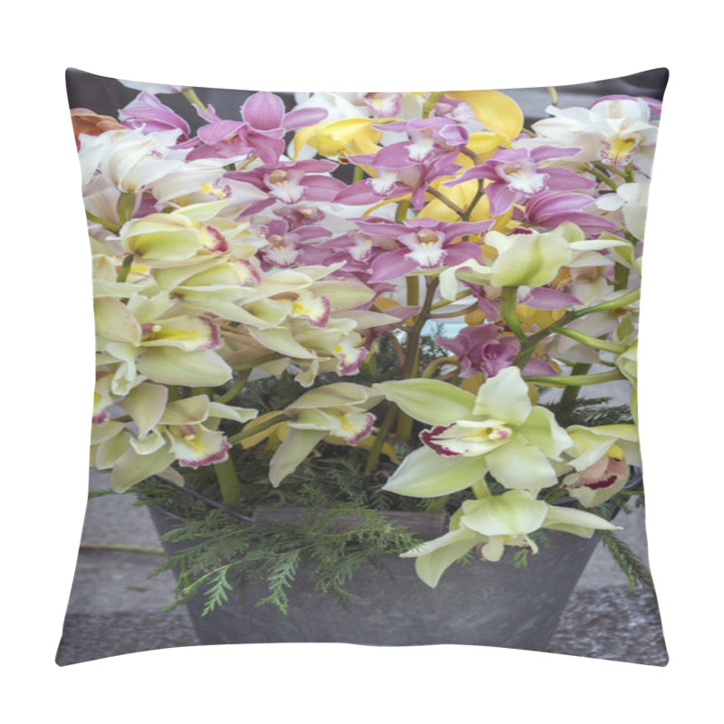 Personality  Bunch Of Cymbidium Boat Orchids In Bloom In Bucket, Light Pink And Yellow Color, Beautiful Flowers Pillow Covers