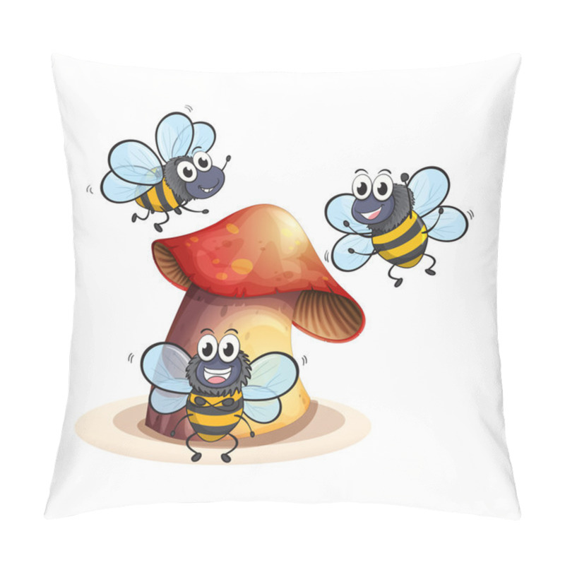 Personality  A Big Mushroom Plant With Three Bees Pillow Covers