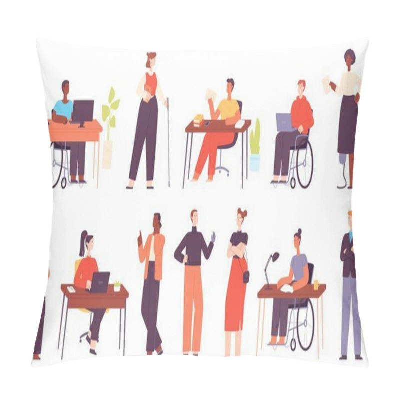 Personality  Inclusive Multicultural Office Workers At Workplace. Cartoon Business People In Wheelchair, Disabled Character At Work. Diversity Vector Set Pillow Covers