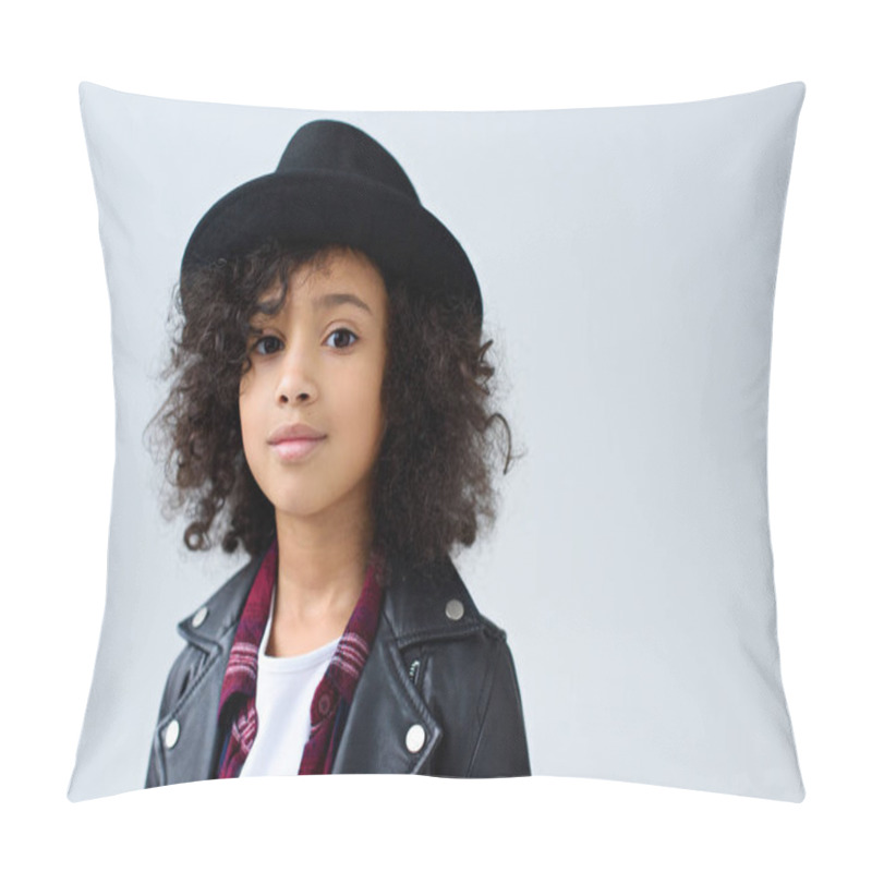 Personality  Close-up Portrait Of Little Child In Leather Jacket And Hat Looking At Camera Isolated On Grey Pillow Covers