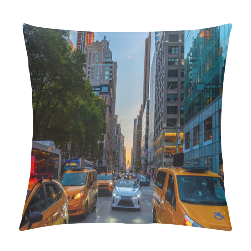 Personality  Taxis At The Traffic Light In New York City At Sunset, USA Pillow Covers