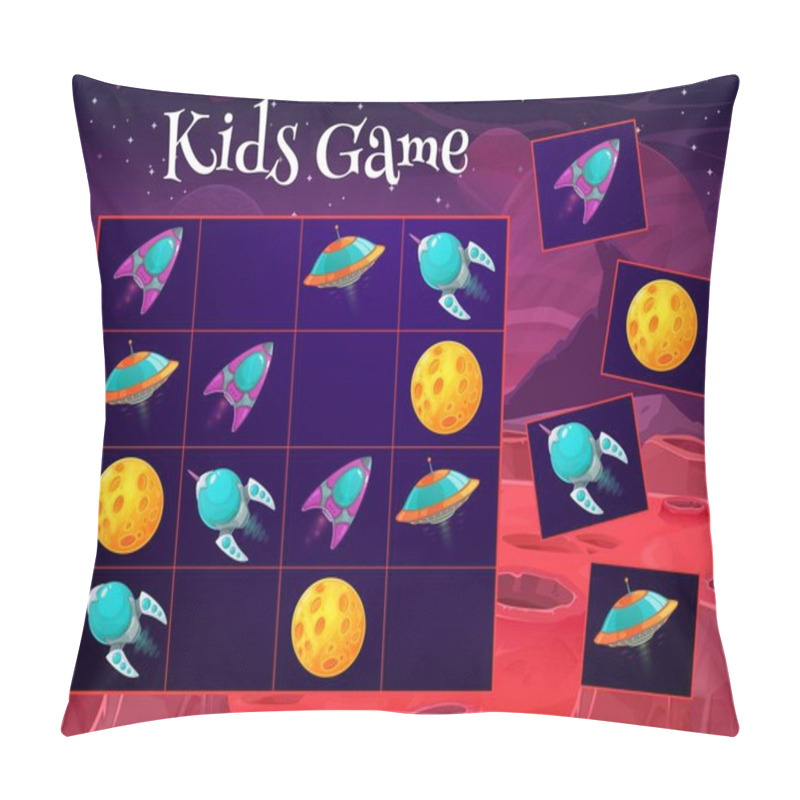 Personality  Space Sudoku Game. Kids Maze, Children Logical Puzzle Or Rebus With Cartoon Vector UFO Flying Saucer Spaceship, Alien Rockets And Planet Or Moon. Child Playing Activity Worksheet, Crossword Or Riddle Pillow Covers