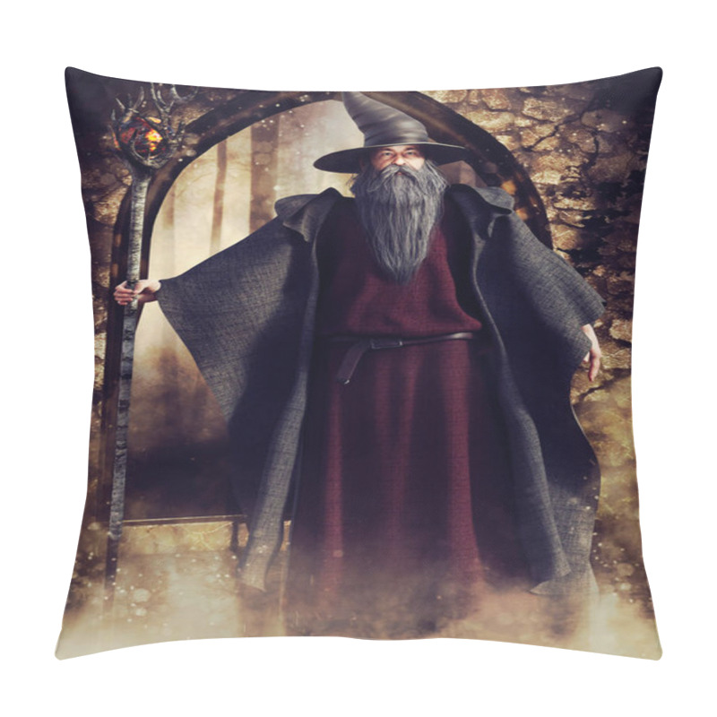 Personality  Fantasy Scene With An Old Wizard Standing In Front Of A Stone Garden Gate. 3D Render. Pillow Covers