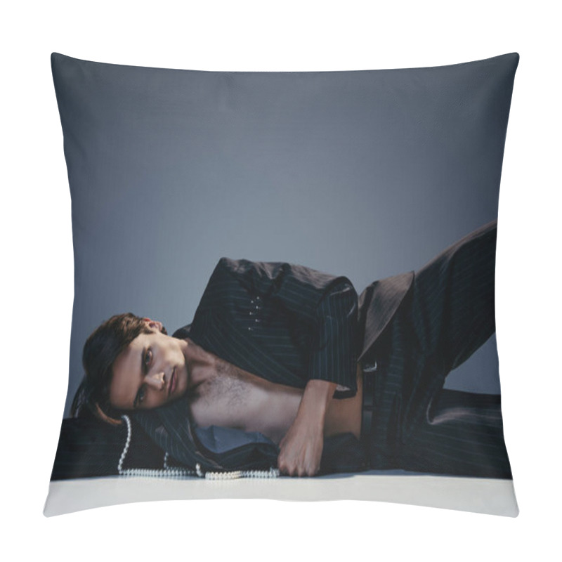 Personality  Stylish Man In Suit With Pearls Lying While Posing On Dark Grey Background Pillow Covers