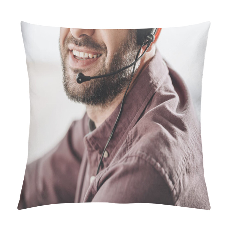 Personality  Cropped Shot Of Smiling Call Center Worker With Microphone Pillow Covers