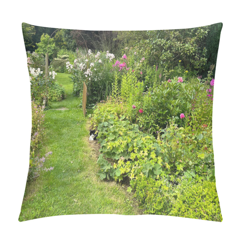 Personality  Lush Garden Path With A Wooden Arch And A Black-and-white Cat. Colorful Flower Beds Line The Pathway, Creating A Charming And Serene Scene. Gardens Jardin Du Rossignol. France Pillow Covers