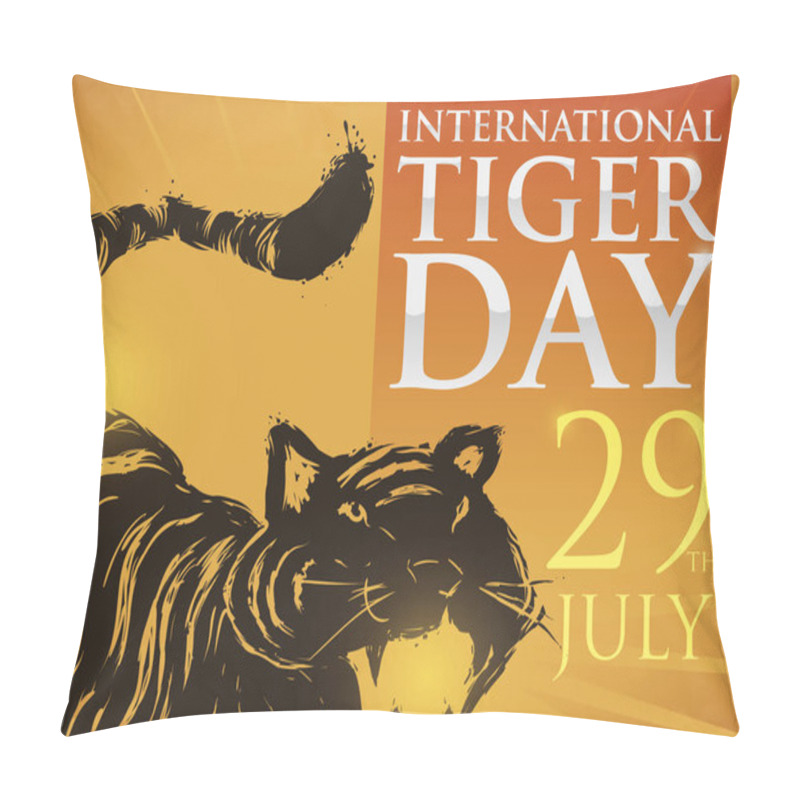 Personality  Drawing Of A Tiger And Label To Celebrate Its Day, Vector Illustration Pillow Covers