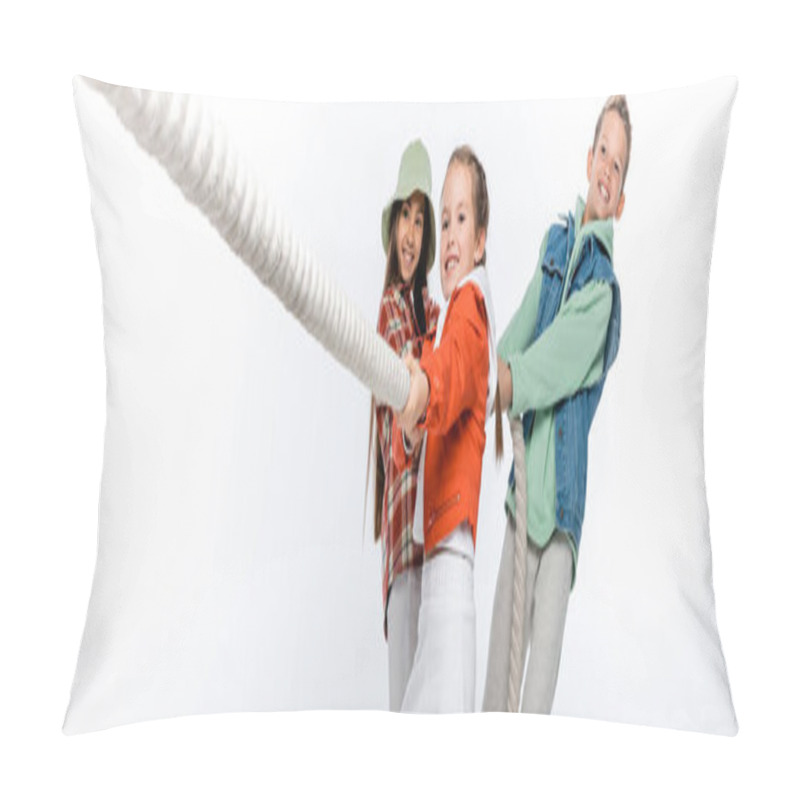 Personality  Preteen Children Pulling Rope While Playing Tug Of War Game On White, Banner Pillow Covers