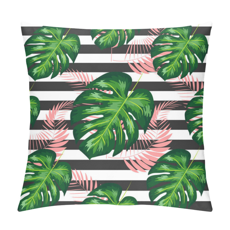 Personality  Seamless Pattern With Tropical Leaves: Palms, Monstera, Banana Leaves, Jungle Leaf Seamless Pattern Striped Background. Pillow Covers