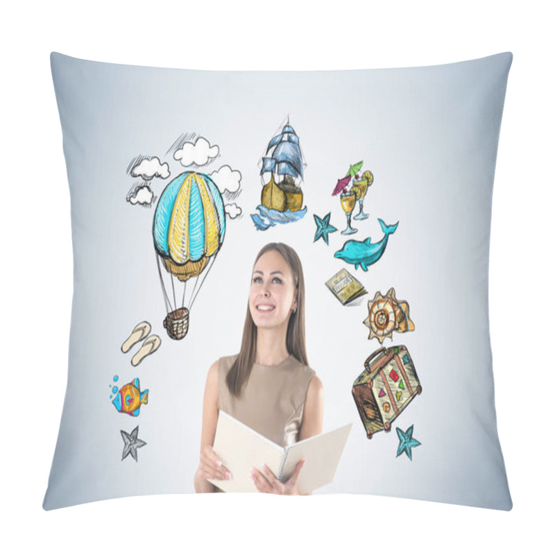 Personality  Cheerful Woman In Beige With A Notebook, Travel Pillow Covers