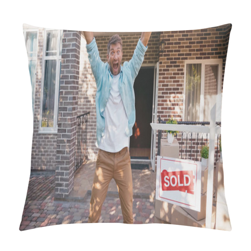 Personality  Excited Man With Raised Hands And Open Mouth Near Board With Sold Lettering And New House  Pillow Covers