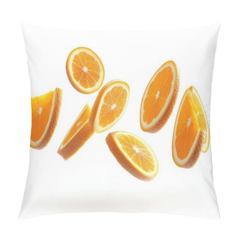 Personality  Fresh Orange Slices Floating Elegantly Against A Clean White Background. Pillow Covers