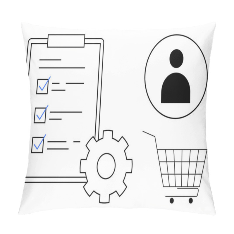 Personality  Simple Design Showing A Checklist Clipboard, A Gear, A Profile Icon, And A Shopping Cart Ideal For Business Operations, Shopping Lists, User Management, Task Management, And Process Optimization Pillow Covers