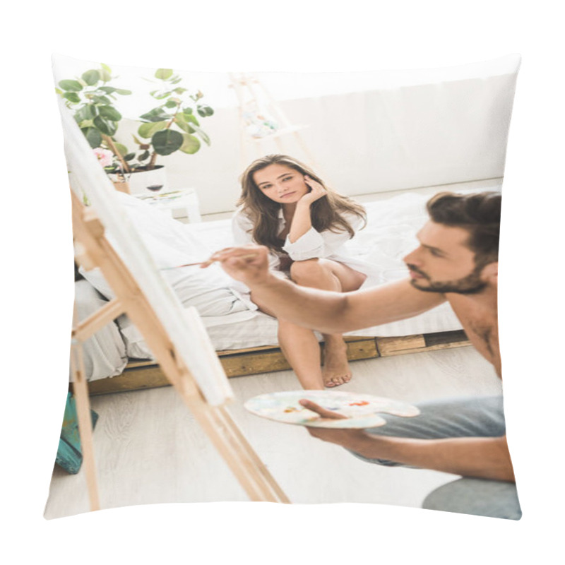 Personality  Selective Focus Of Sext Man Drawing While Young Girl Looking At Guy Pillow Covers