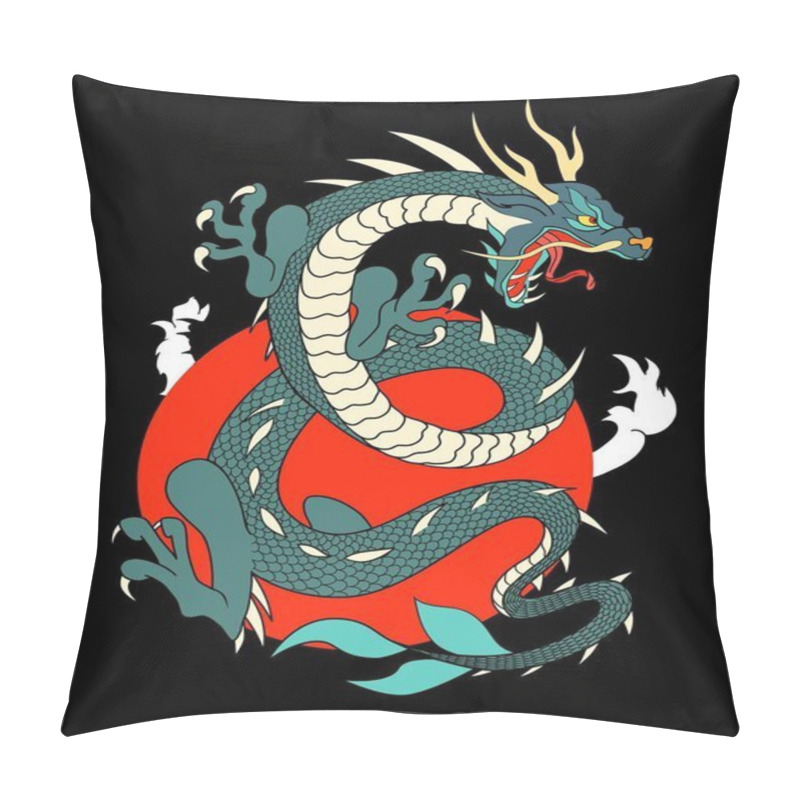 Personality  Japanese Flying Dragon With Red Sun With Floating Clouds On Dark Background Vector Design Pillow Covers