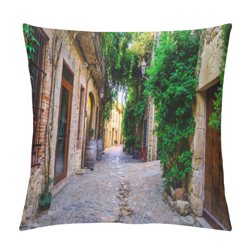 Personality  Picturesque Alley Full Of Green Vines Making Arches Between The Walls In Peratallada, Girona, Spain Pillow Covers