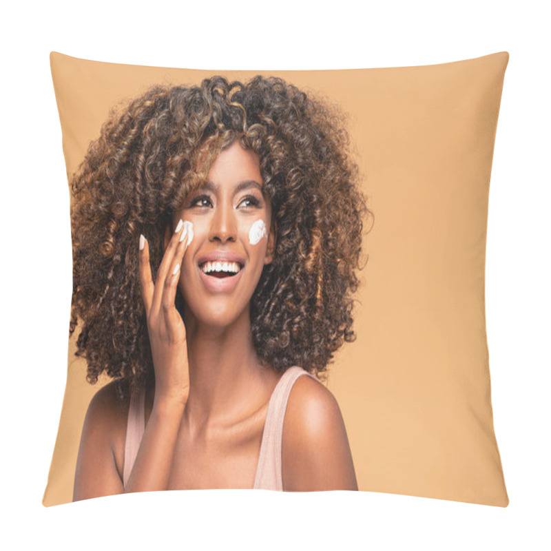 Personality  Young Afro Woman With Moisturizer On Face. Beautiful African Girl Applying A Cream On Cheek. Beauty Girl With Perfect And Healthy Skin. Pillow Covers