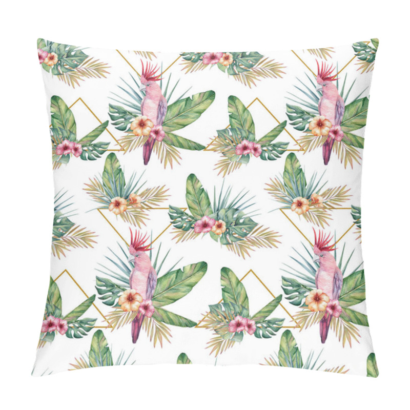 Personality  Watercolor Tropical Seamless Pattern With Parrots, Hibiscus Flowers, Banana And Monstera Leaves. Trendy Pattern With Golden Elements For Wallpapers, Web Page Backgrounds, Fabric And Other Products. Pillow Covers