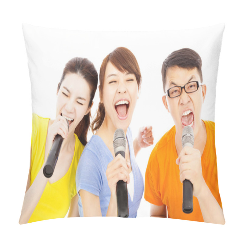 Personality  Happy Young Group Having Fun Singing With Karaoke Pillow Covers