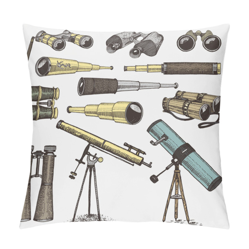 Personality  Set Of Astronomical Instruments, Telescopes Oculars And Binoculars, Quadrant, Sextant Engraved In Vintage Hand Drawn Or Wood Cut Style , Old Sketch Glasses Pillow Covers