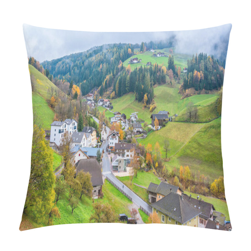 Personality  The Idyllic San Pietro Village In Val Di Funes. Trentino Alto Adige, Italy. Pillow Covers