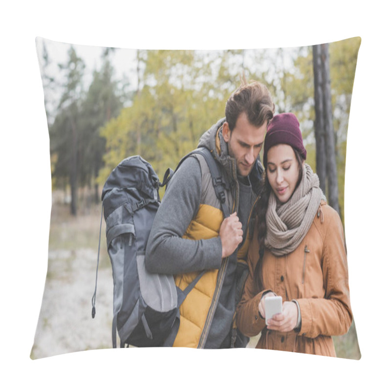 Personality  Couple Of Young Tourists Looking At Smartphone While Searching For Direction In Forest Pillow Covers