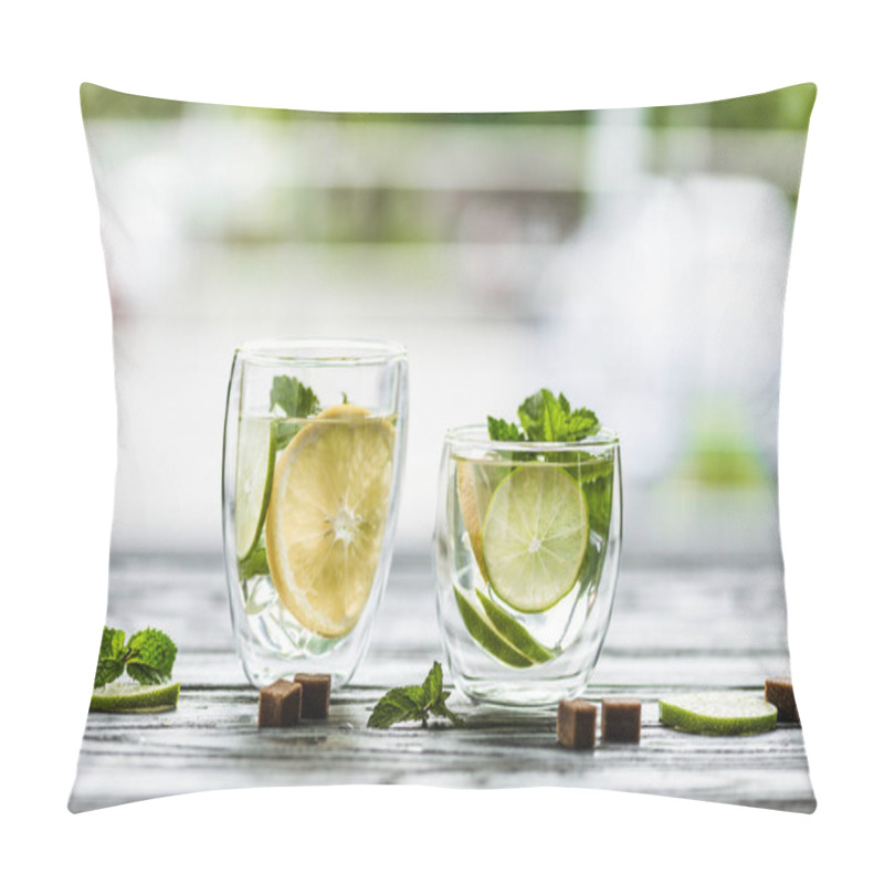 Personality  Close-up View Of Two Glasses With Fresh Cold Mojito On Table   Pillow Covers