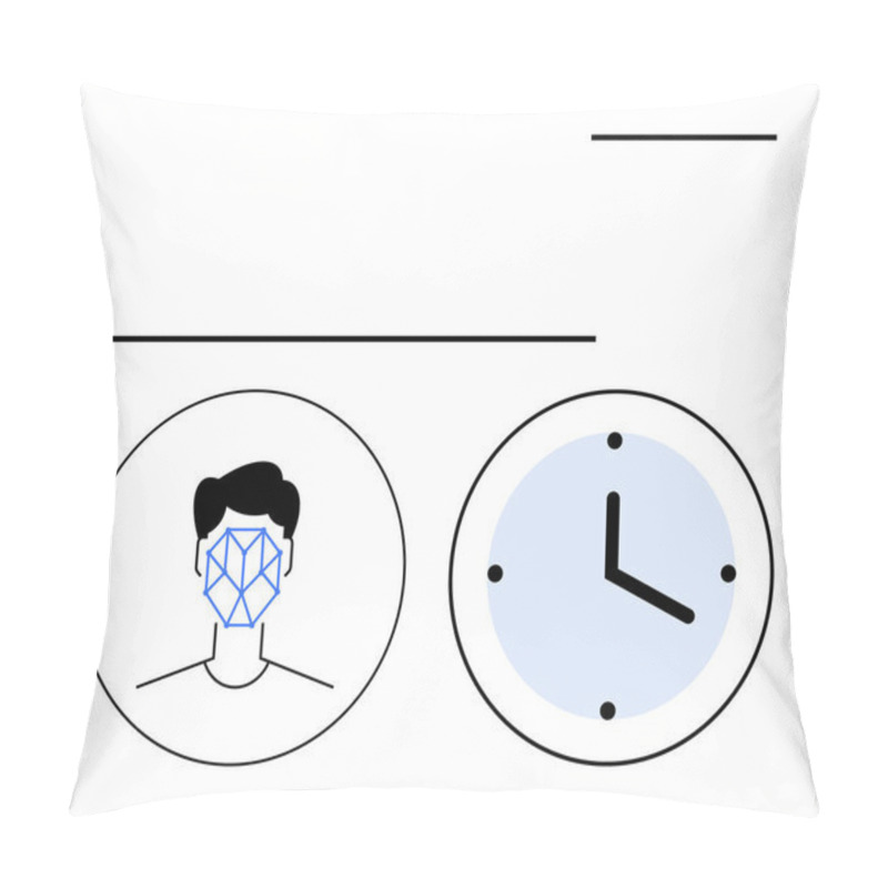 Personality  Human Face With Geometric Recognition Pattern Next To A Clock. Ideal For Biometrics, Facial ID, Time Management, Security, AI, Automation, Digital Identity, Abstract Line Flat Metaphor Pillow Covers