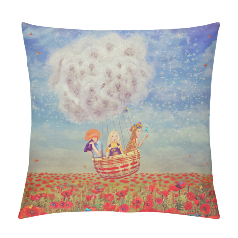 Personality  Children In A Balloon  Over The Beautiful Landscape With Poppies  Against The Sky With Clouds Pillow Covers