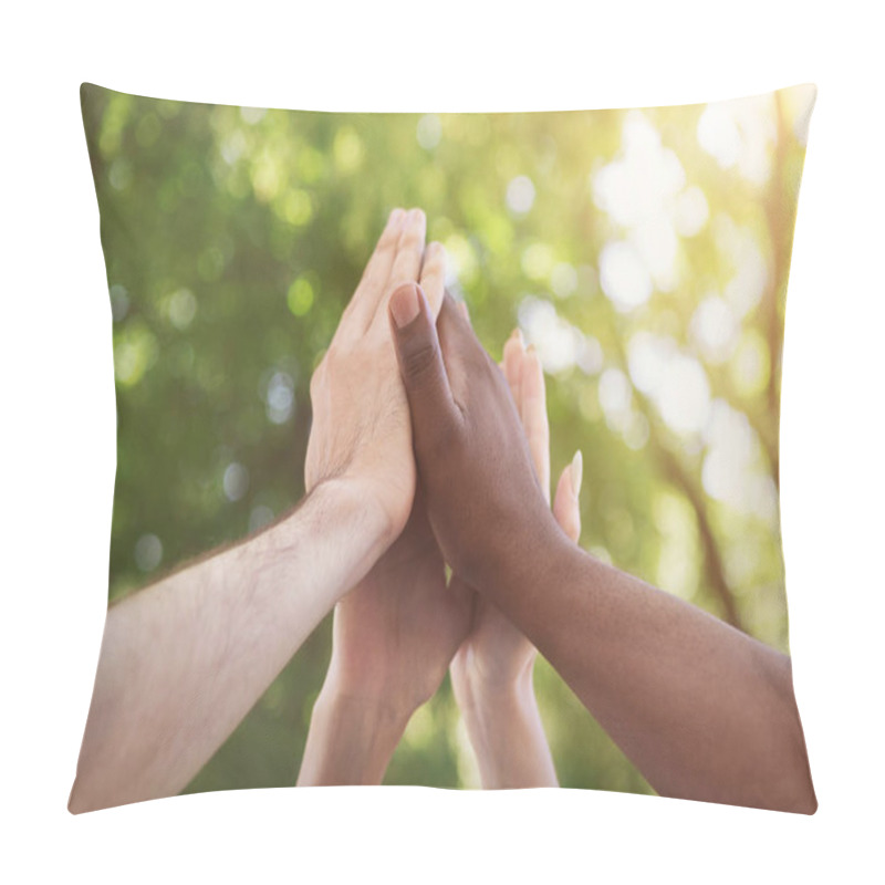 Personality  Business Team Giving Group High Five In Park Pillow Covers