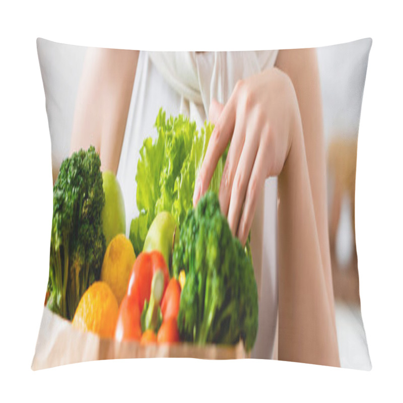 Personality  Panoramic Crop Of Young Woman Touching Groceries In Paper Bag Pillow Covers