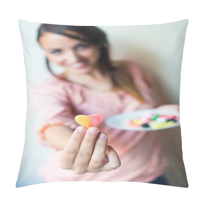 Personality  Cute Young Woman Eating Jelly Candies With A Fresh Smile Pillow Covers