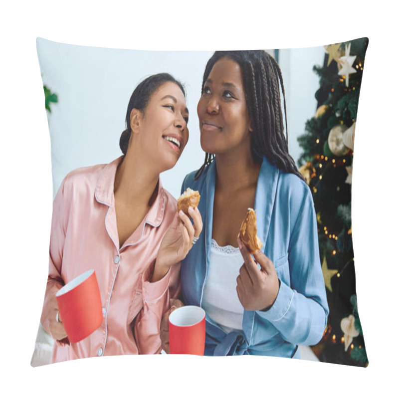 Personality  Two Women Share Joyful Moments While Savoring Coffee And Pastries By The Christmas Tree. Pillow Covers